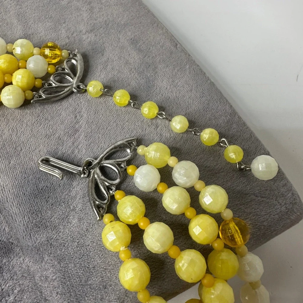 Vintage Yellow Beaded‎ Four Strand Statement Necklace Plastic Layered Sunny Mod
